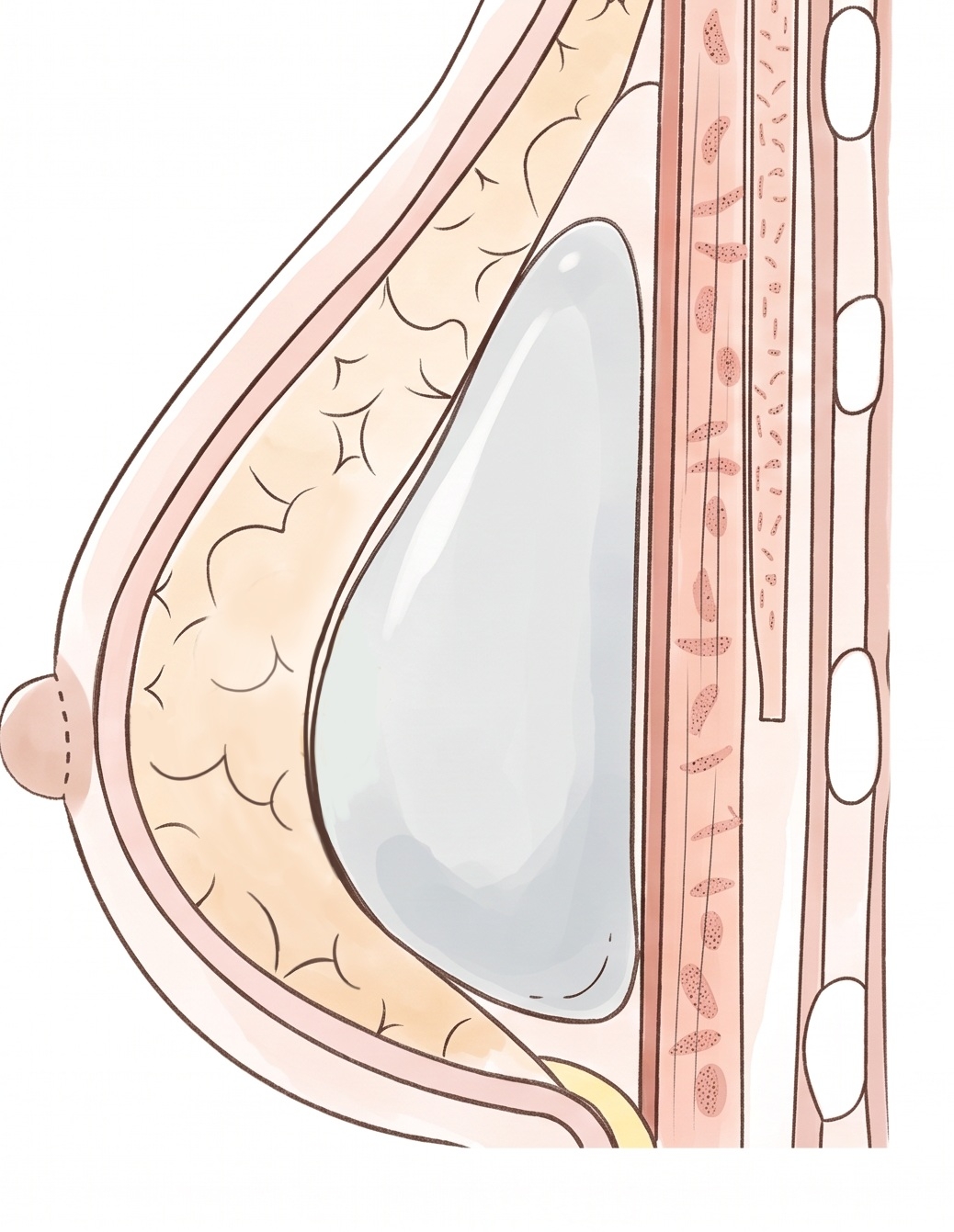 乳腺下法。大胸筋の上(乳腺の下)にインプラントを挿入する層を示した断面図