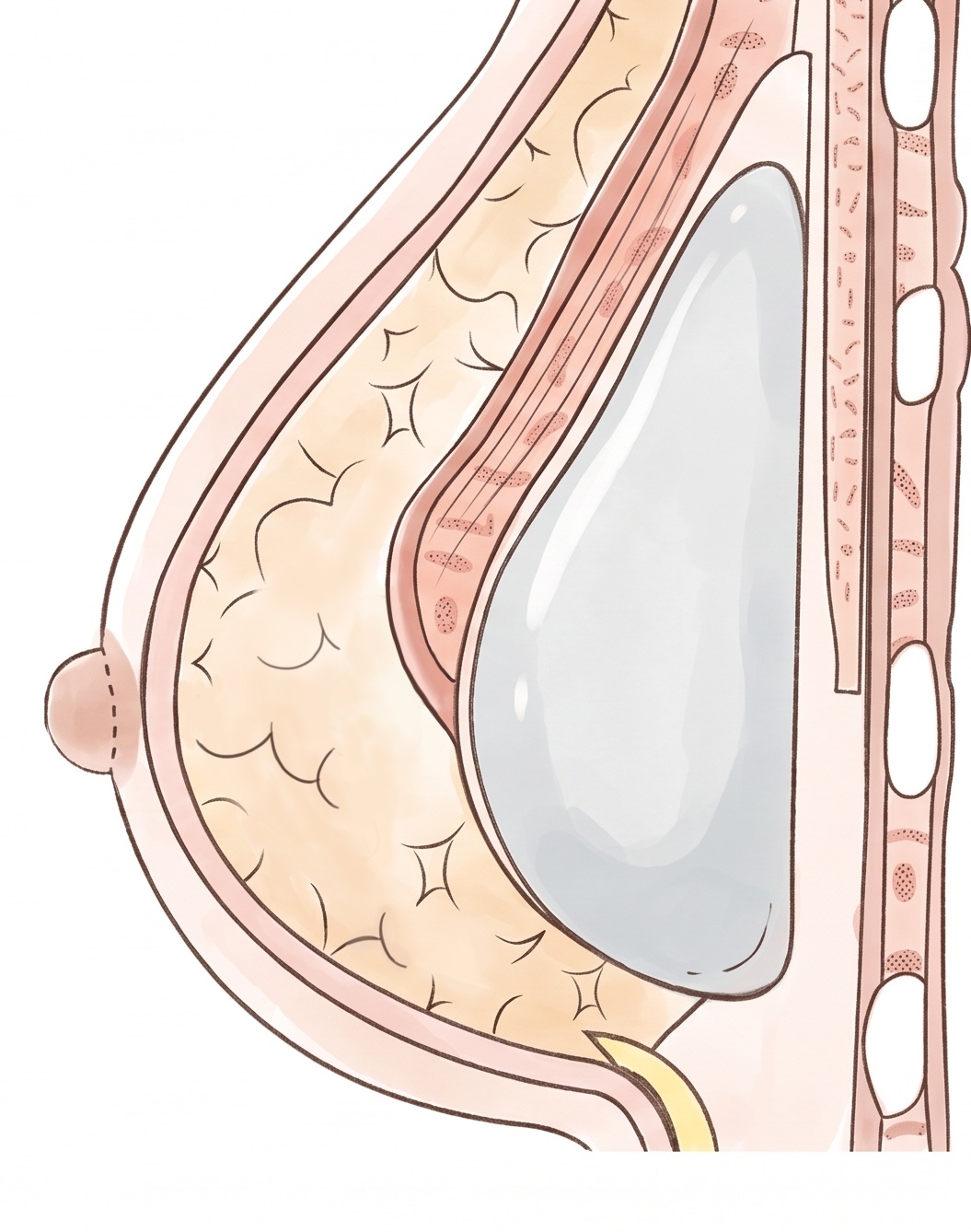 デュアルプレーン法。大胸筋下と乳腺下を組み合わせた層を示した断面図